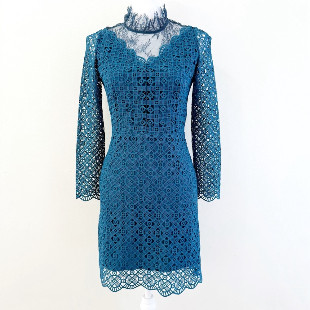 SANDRO BARTSIE TEAL LACE SHEER LONG SLEEVE MIDI DRESS - Picture 1 of 17